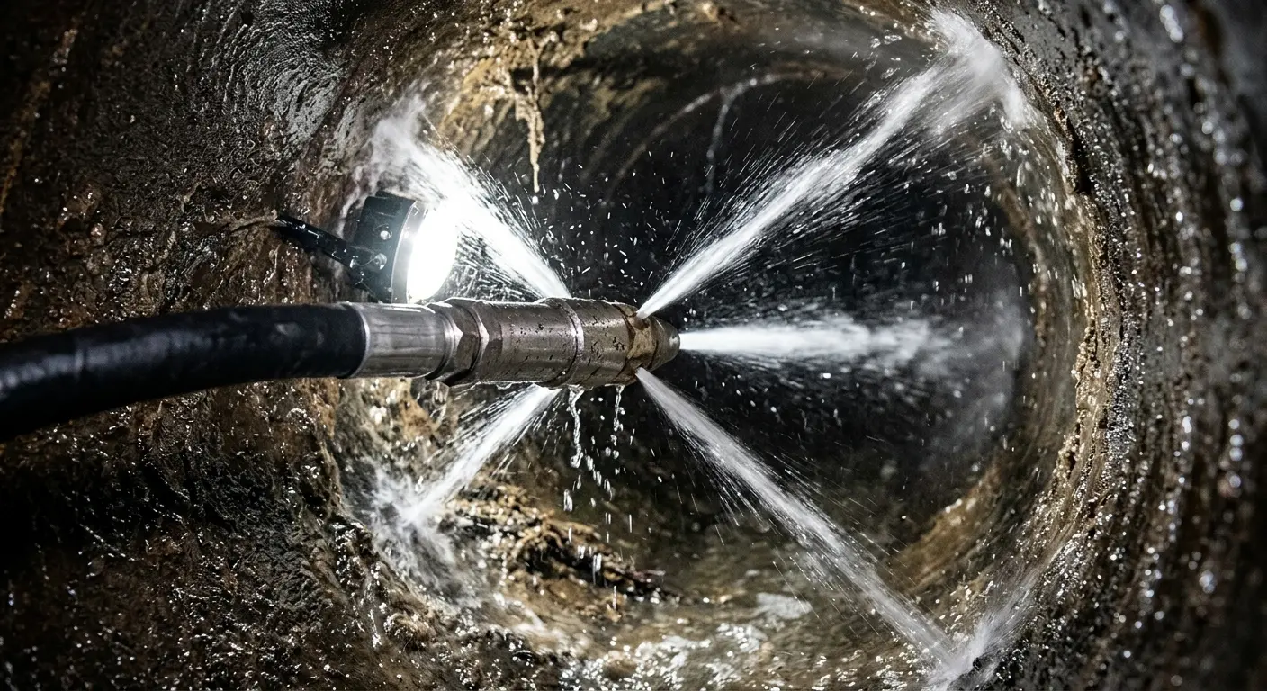 High-pressure hydro jetting nozzle cleaning sewer pipe for Trenchless Sewer Repair in Sheridan