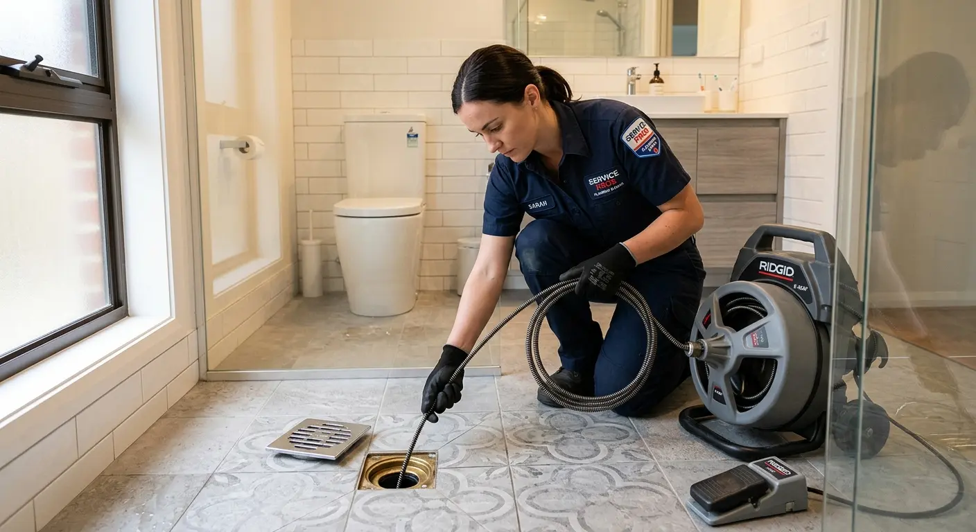 Technician clearing a bathroom floor drain for Sewer Line Replacement in Sheridan